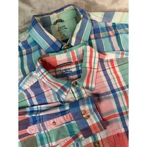 Lot 2 IZOD Saltwater Shirt Mens M Pink Blue Plaid Cotton Button